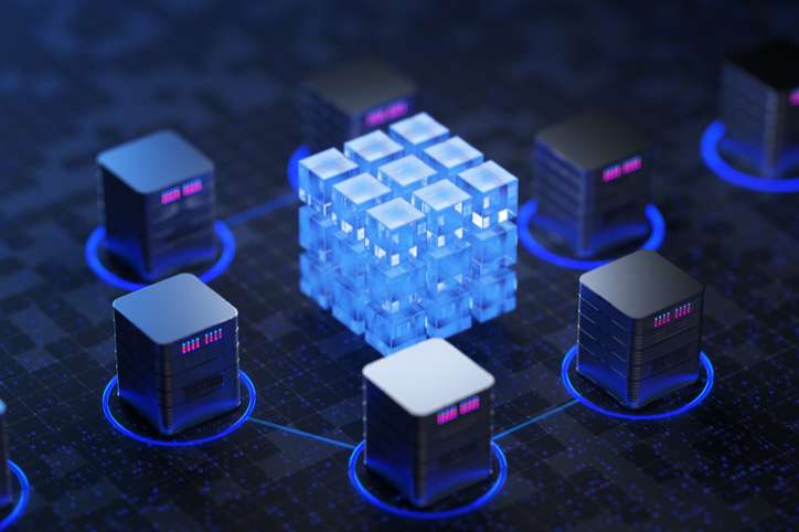 Big data center concept, cloud database, server power station of the future. Data transfer technology. Synchronization of personal information. Cube or box Block chain of abstract financial data. 3d render.