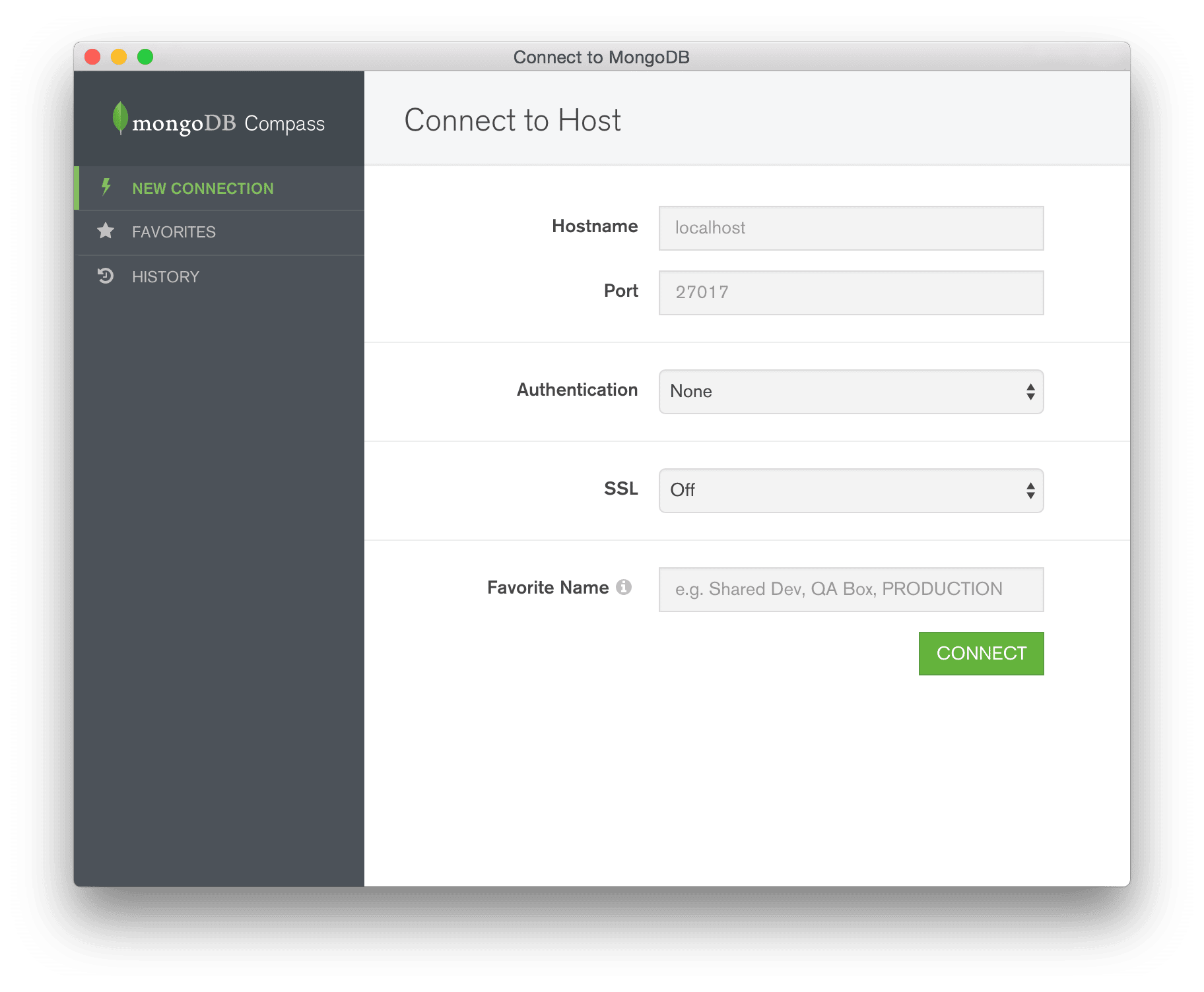 MongoDB Compass: New Connection Form